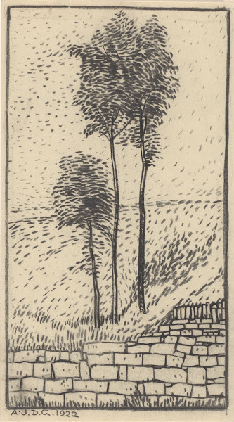 Three trees near a stone wall 1922