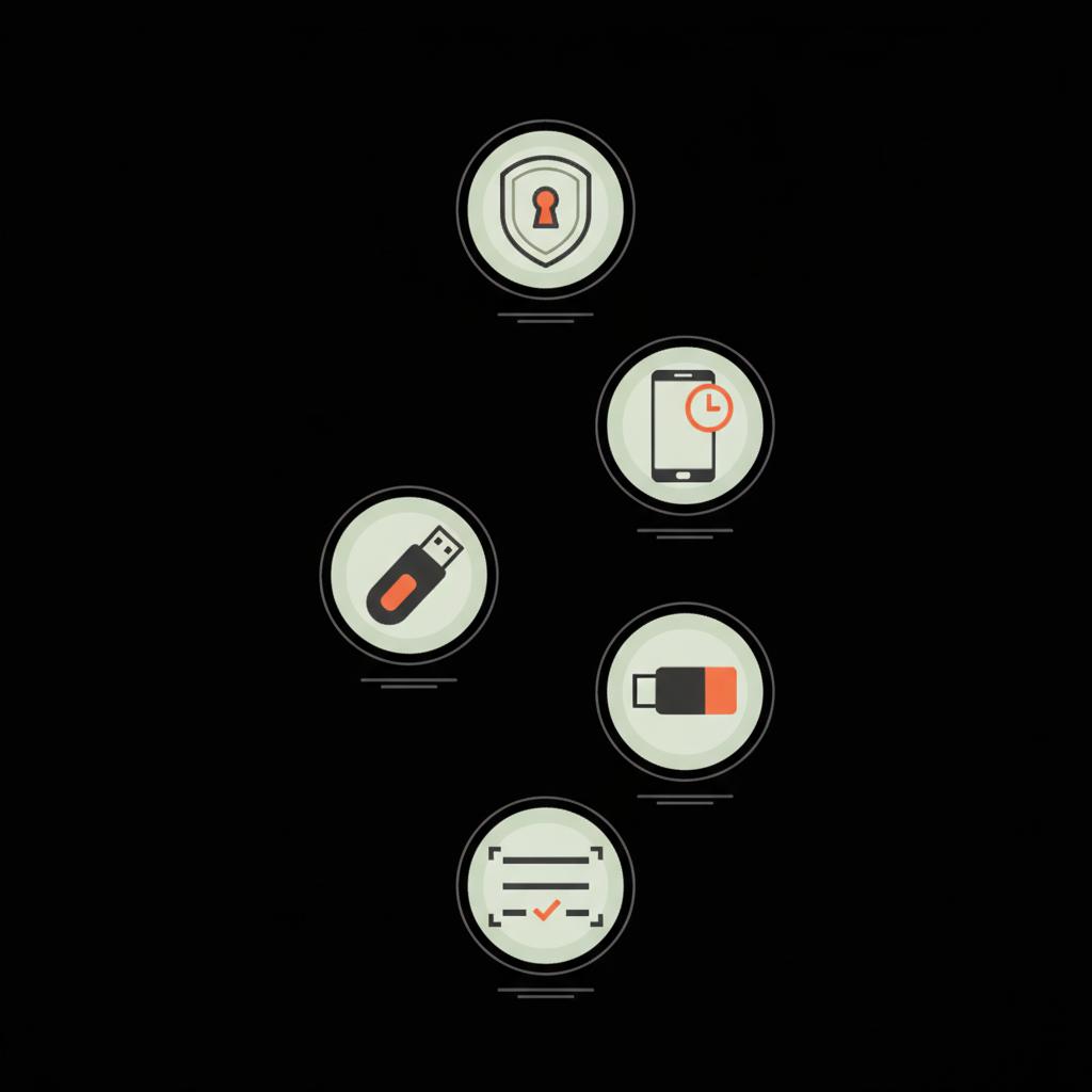 Minimal vector checklist infographic to recover google account showing password, authenticator, hardware key, and backup codes icons on a black background in Social Success Hub colors.