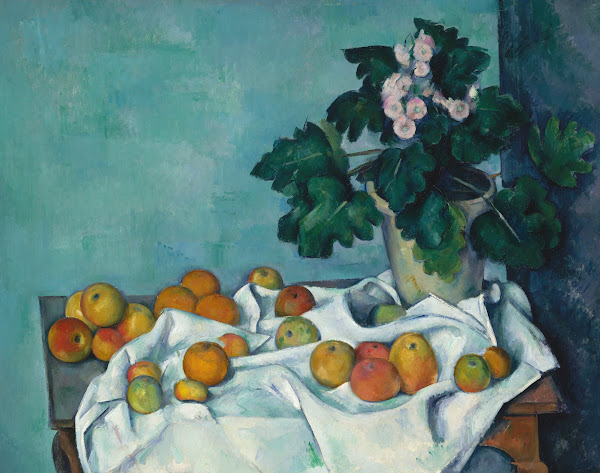 Still Life with Apples and a Pot of Primroses ca 1890