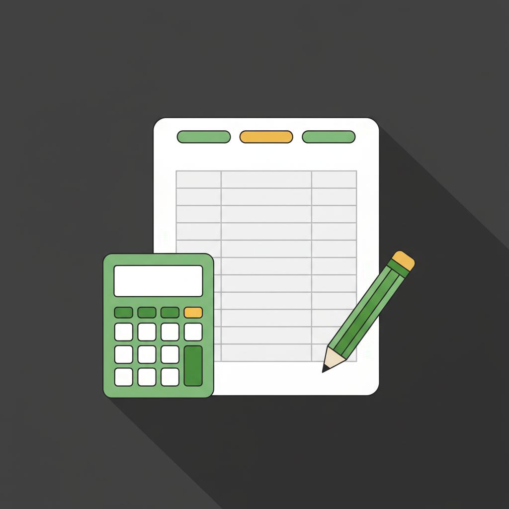 Minimalist 2D vector of a calculator pencil and printed transaction sheet with column grid lines implying crypto stocks activity in Finance Police brand colors