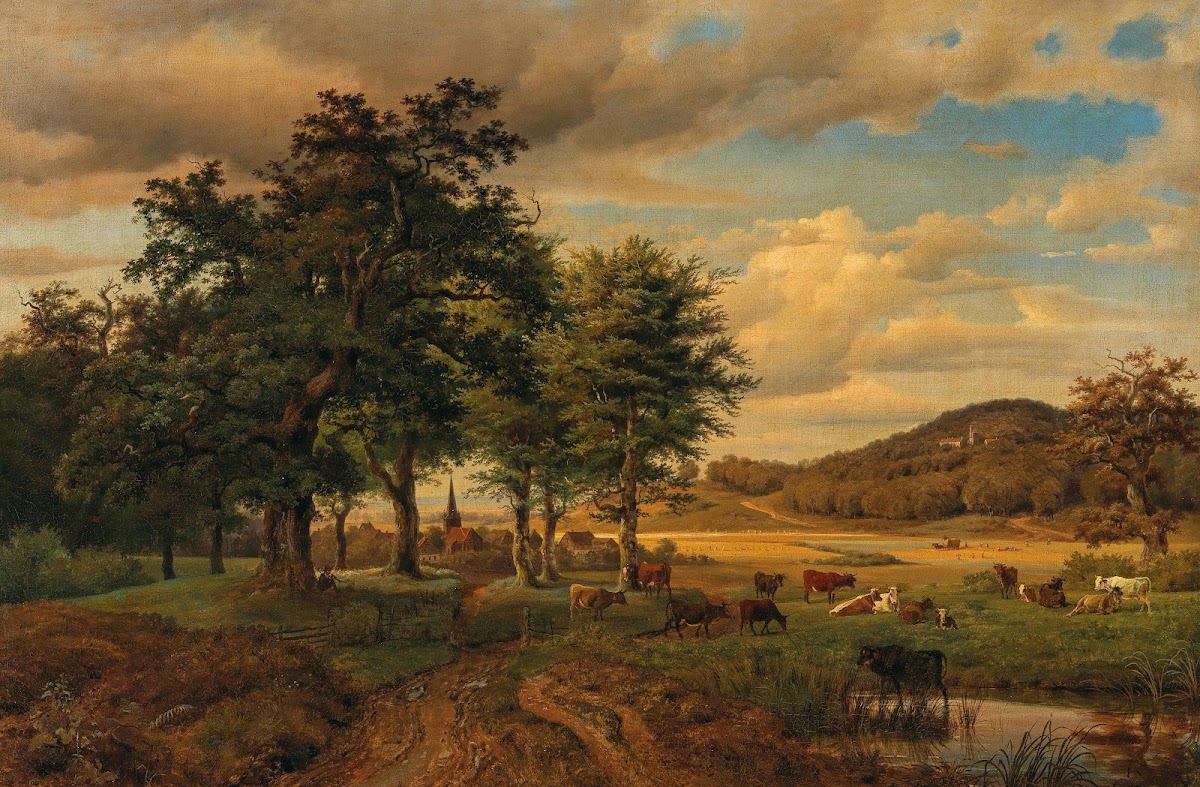 A Pasture Landscape with Cows in the Background a Village 1843