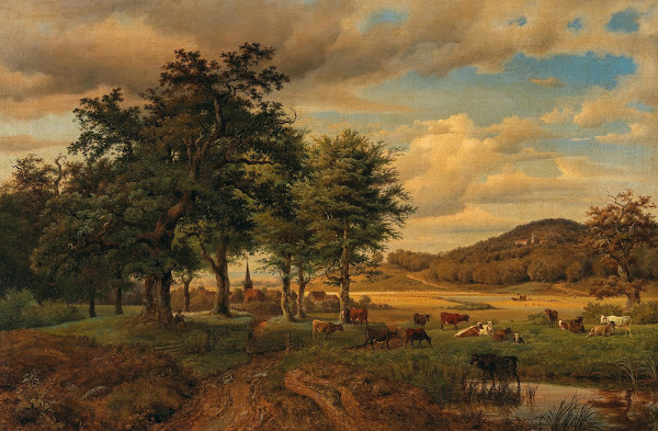 A Pasture Landscape with Cows in the Background a Village 1843