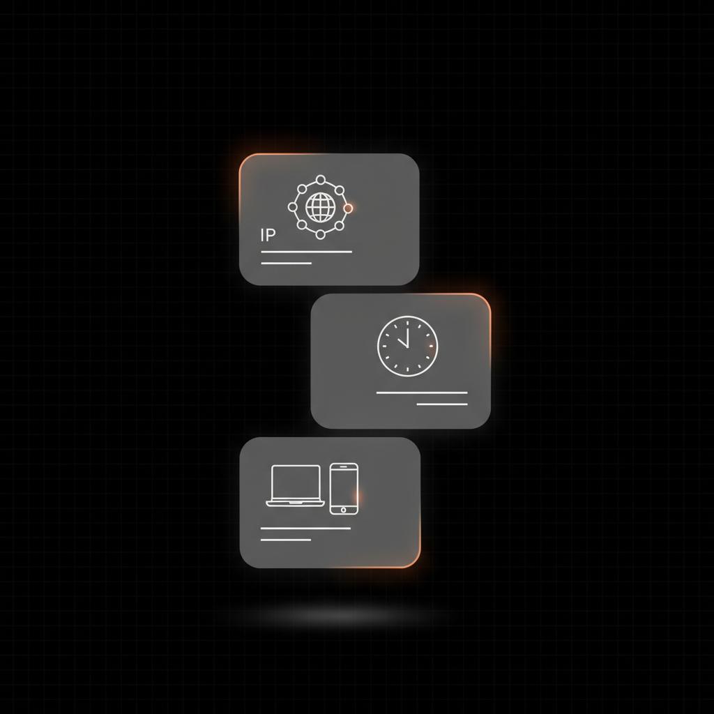 Minimal vector infographic of stacked log cards with IP, timestamp, and device icons and a #dc5c2b accent glow on black background — Can employers find out who left a Glassdoor review