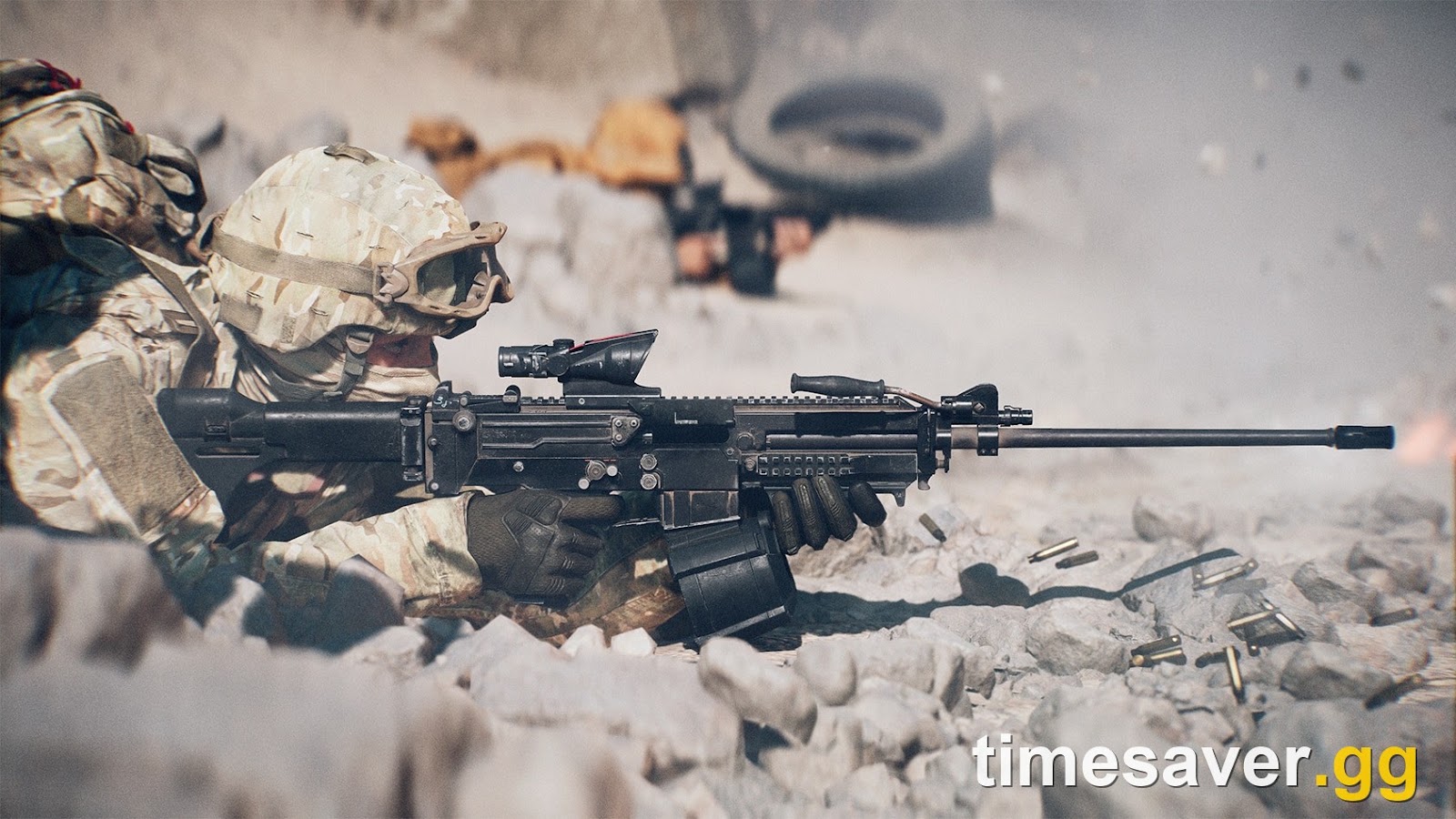 Battlefield 6 Support soldier firing an LMG while earning Hardware XP
