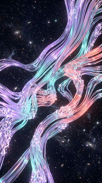 Abstract Crystalline Strands Floating in a Starry Lavender and Teal Space - Free mobile Wallpaper