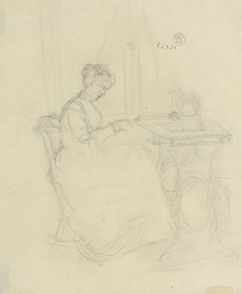 Women in front of a sewing machine ca 1900