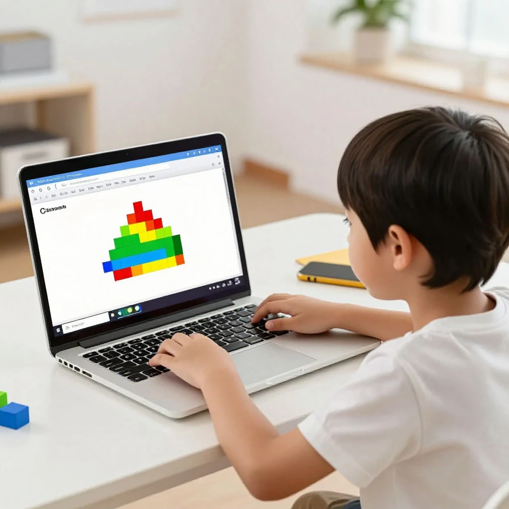 집에서 블록 코딩 프로그램으로 코딩 공부하는 초등학생