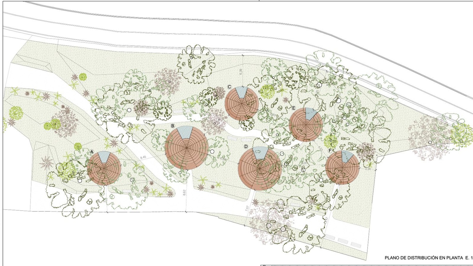 AUMARA architectural site plan with houses A to F