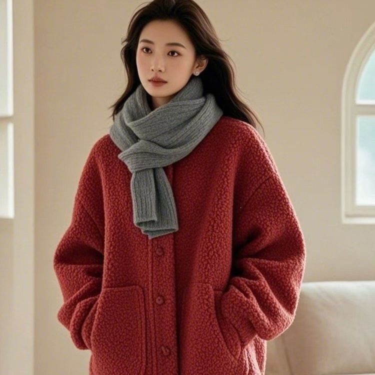 Lamb fleece coat for women, loose fit
