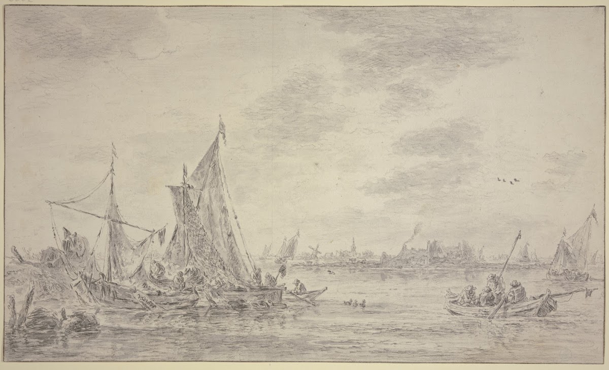 Auf einem Fluss viele Fischerbote rechts ein Dorf 1655