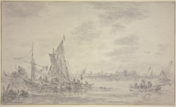Auf einem Fluss viele Fischerbote rechts ein Dorf 1655