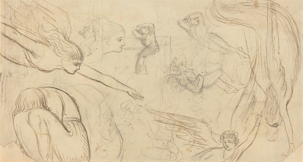 Sheet of Studies with Angels and Cowering Figures Illustration for Macklins Bibl
