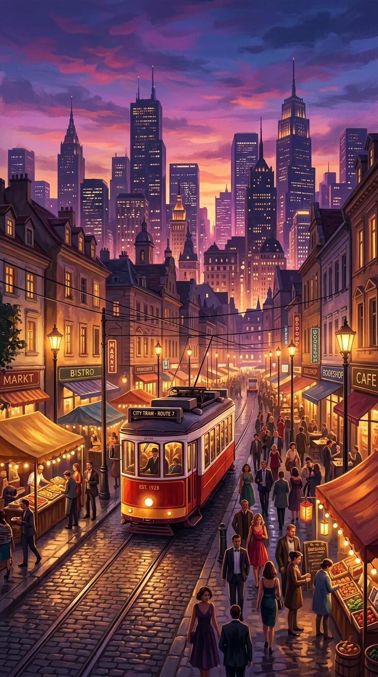 Bustling Cityscape at Dusk with Red Tram and Purple Sky - Free 4K mobile Wallpaper