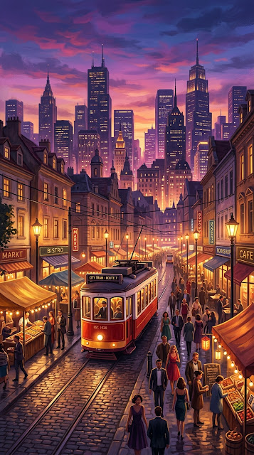 Bustling Cityscape at Dusk with Red Tram and Purple Sky - Free mobile Wallpaper