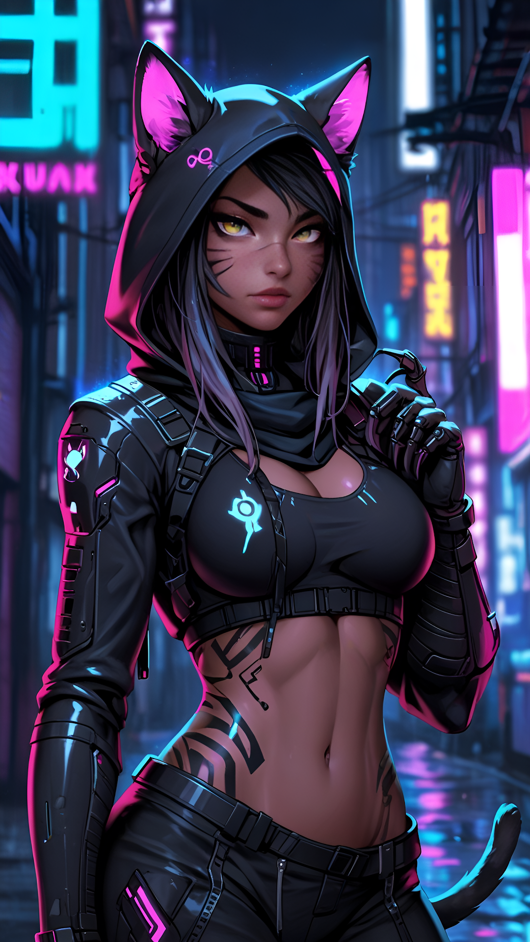 Cyberpunk Nekomimi Girl Neon City Alley - Free 4K mobile Wallpaper