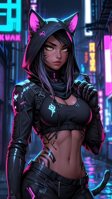 Cyberpunk Nekomimi Girl Neon City Alley - Free mobile Wallpaper