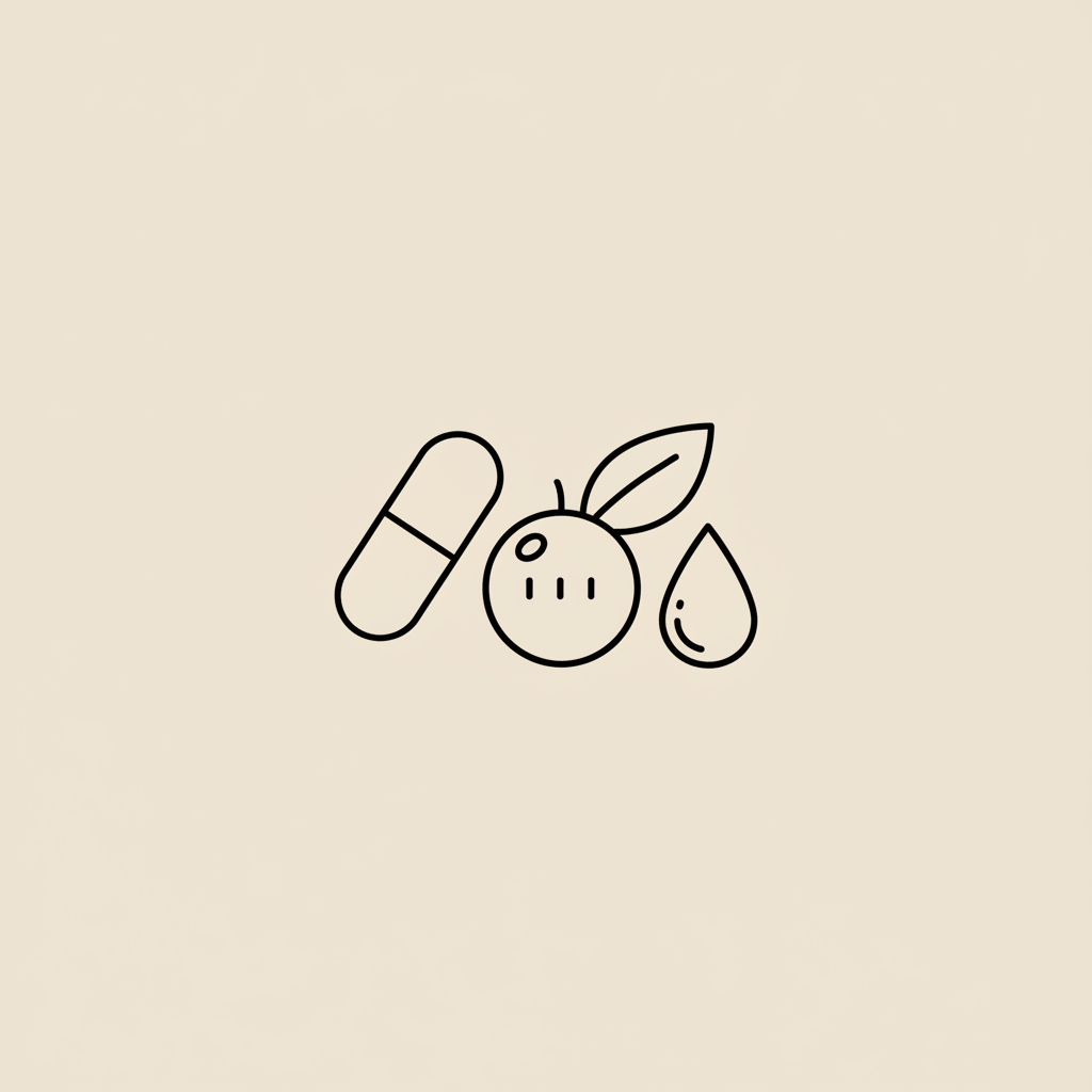 Minimalist Tonum-style line illustration of a capsule, stylized berry and water droplet on beige background conveying affordable weight loss medication and daily routine
