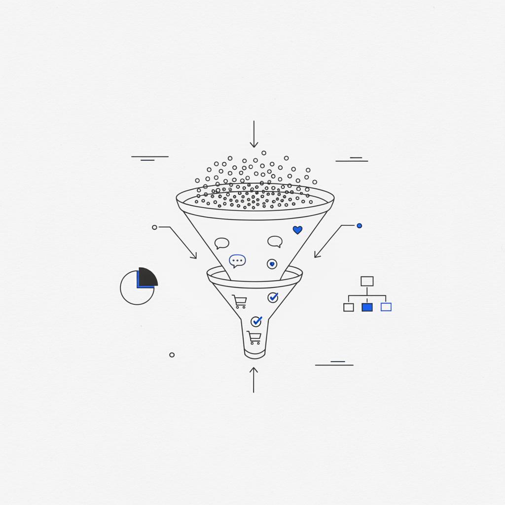 Minimal 2D vector ad funnel sketch on white background showing dots for impressions, icons for engagement and purchase icons for conversions in Agency Visible colors, illustrating good CPM