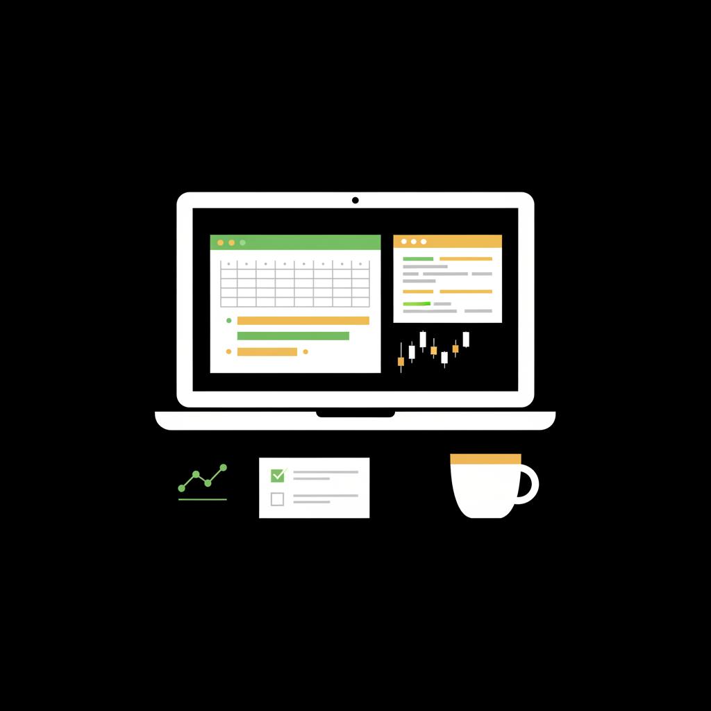 Minimalist 2D vector office scene with laptop showing spreadsheets and simplified code position tracking checklist and coffee mug how do you start a hedge fund