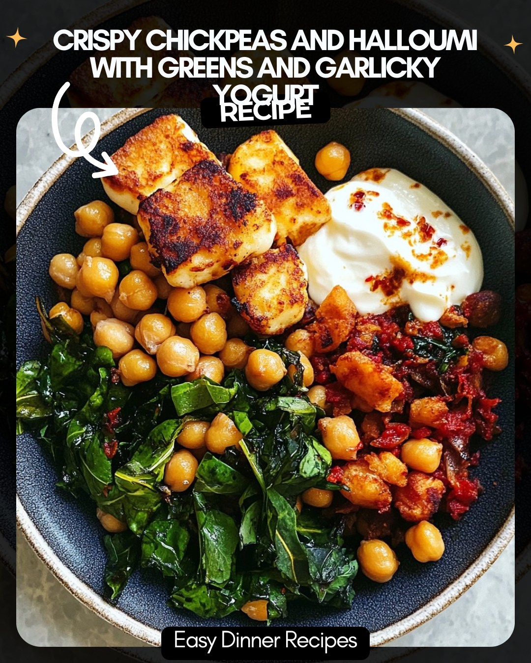 Crispy Chickpeas and Halloumi with Greens and Garlicky Yogurt