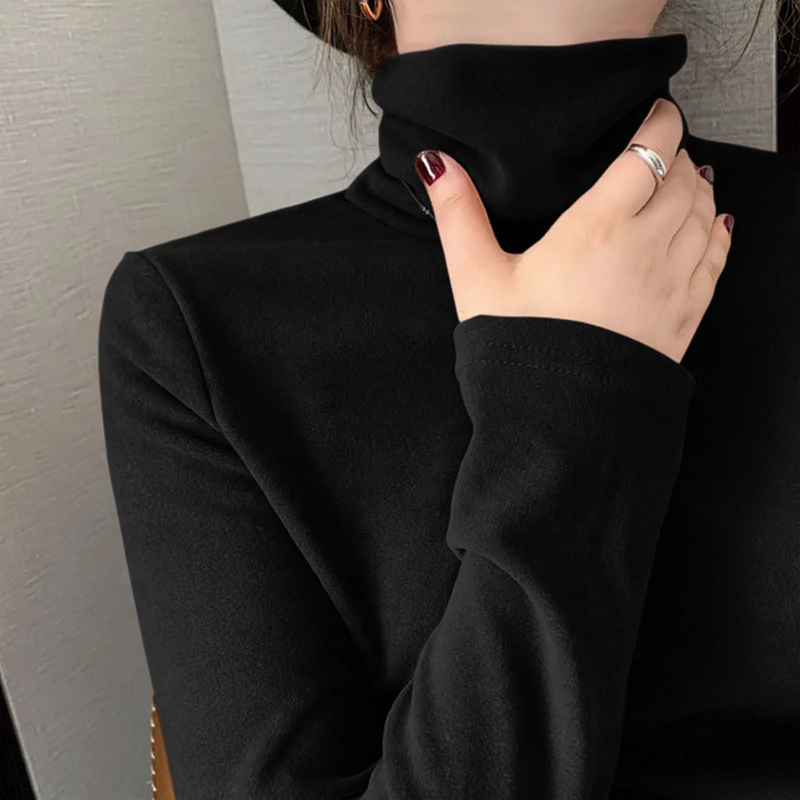 Women's turtleneck long sleeve shirt with double-sided fleece