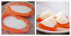 Đu đủ rửa sạch, cắt đôi và nạo bỏ hạt. Trong âu lớn, cho bột gelatine vào cùng đường, sữa tươi đã được hâm nóng vào khuấy cho đến khi đường tan. Chế hỗn hợp sữa này vào mỗi nửa trái đu đủ. Đặt flan đu đủ vào tủ lạnh khoảng 3 tiếng cho đông lại, mát lạnh là có thể ăn được.