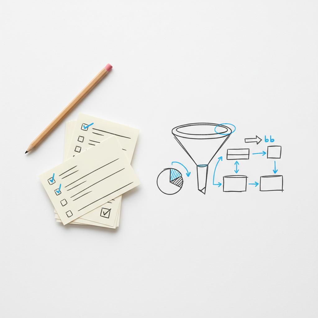 Minimal 2D vector of index cards, pencil and rough funnel sketch on a white desk for Google Ads campaign planning, charcoal lines (#39383f) with blue accents (#1a5bfb).