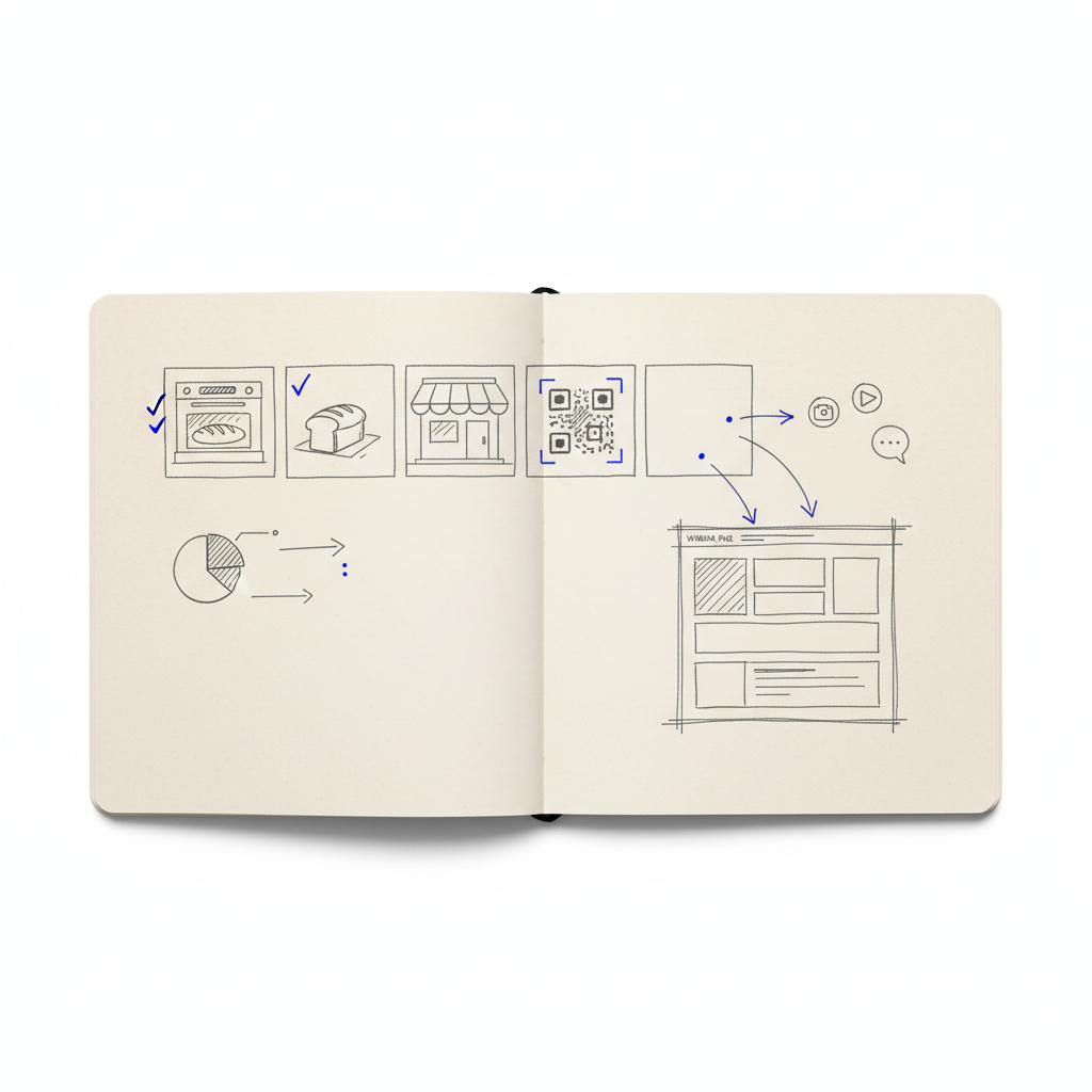 Top-down notebook with sketched 15-second TV advertising storyboards showing bakery icon, storefront frame, QR code and arrows to a landing page, hand-drawn lines