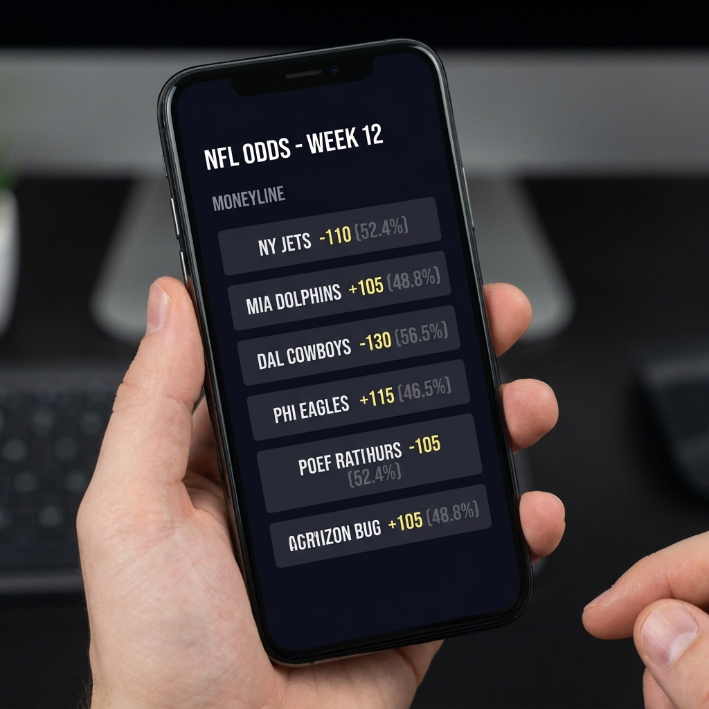 Close up smartphone display of American moneyline odds with faint implied probability overlay in sports betting what is the money line minimalist dark app interface