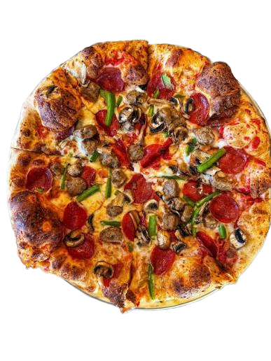 Milano Spice — Onions, mushrooms, pepperoni, ham, jalapenos, mixed peppers (H)