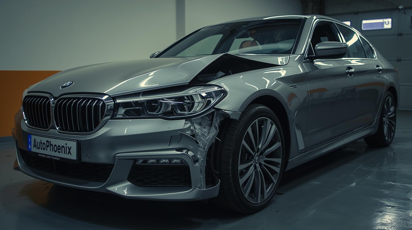 Damaged European luxury sedan