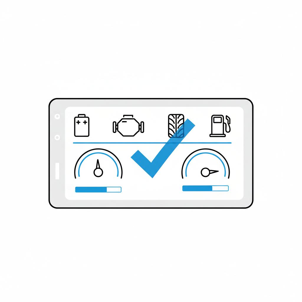honda civic used car for sale 2D vector infotainment dashboard with diagnostic icons and blue checkmark on white background