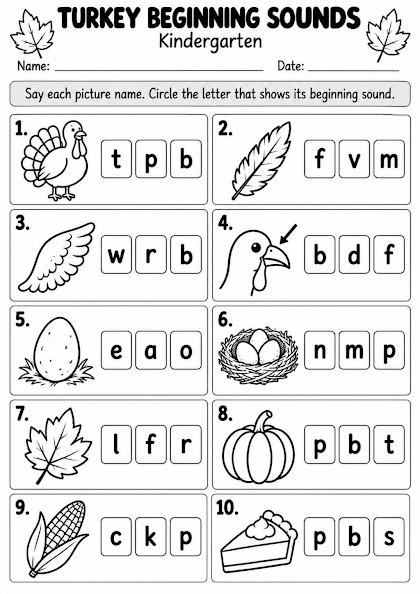Turkey Beginning Sounds Worksheet