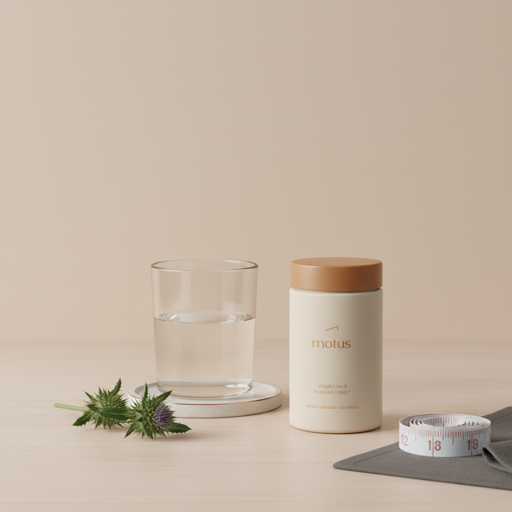 Motus supplement bottle on a wooden table with a measuring tape, glass of water and milk thistle; minimalist Tonum scene for best OTC weight loss pill article.