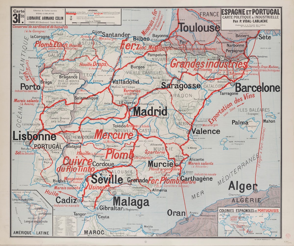 Espagne et Portugal carte physique  agricole 1945