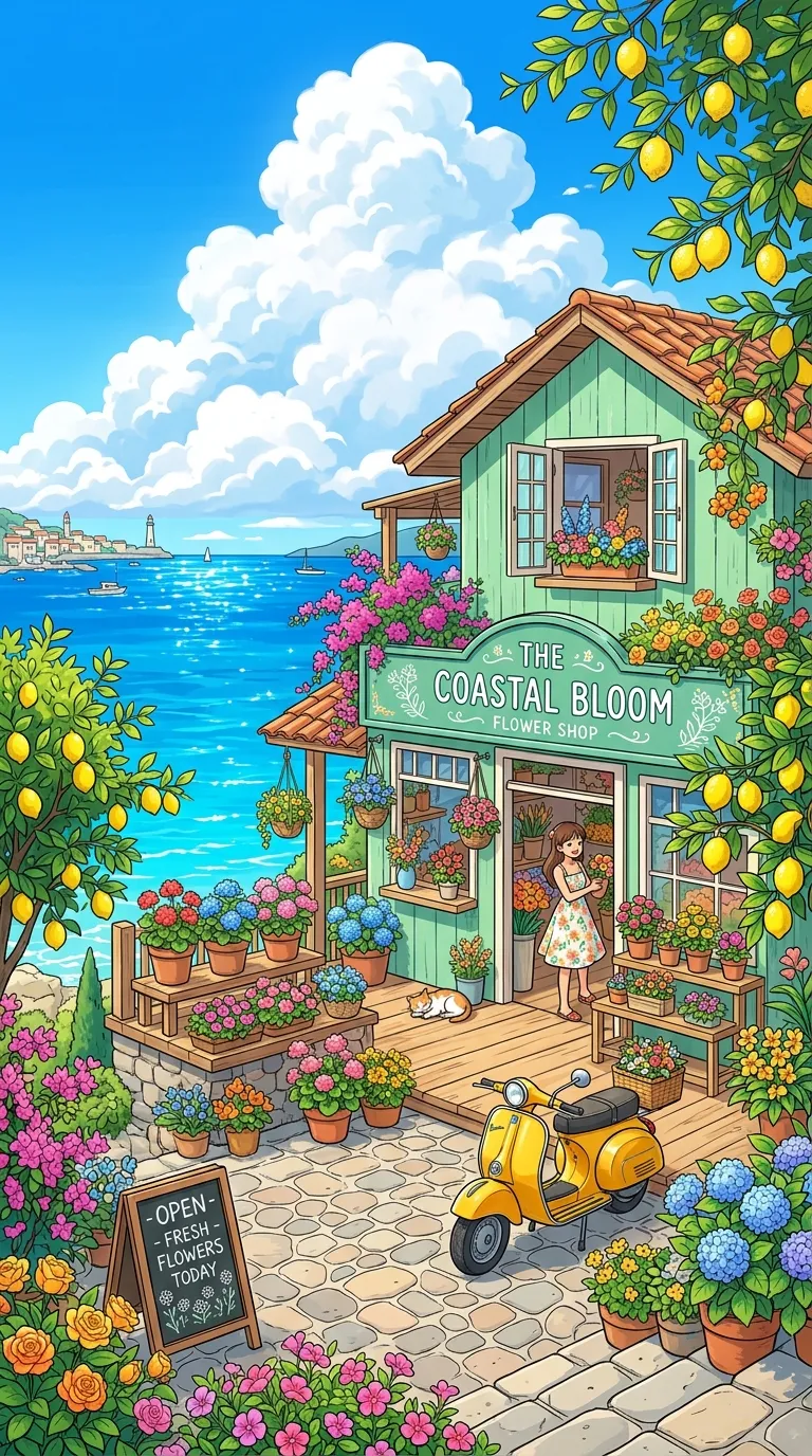 Anime Illustration of a Sunny Flower Shop by the Ocean with a Scooter - Free 4K mobile Wallpaper