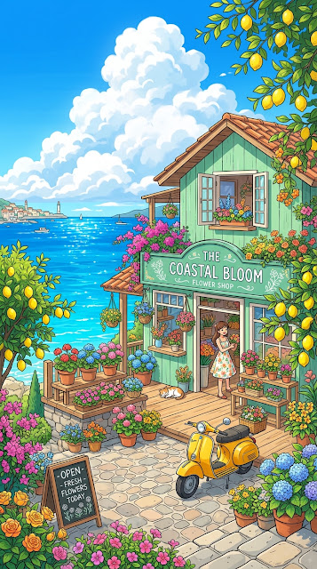 Anime Illustration of a Sunny Flower Shop by the Ocean with a Scooter - Free mobile Wallpaper