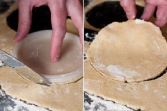 Lấy bánh ra, cán cho bột mỏng, cắt thành những đường tròn có đường kính khoảng 12cm. Cho vào khuôn, rồi cho nhân khoai lang tím vào.