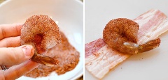 Trộn đều tôm với hỗn hợp gia vị trong đĩa. Đặt miếng thịt xông khói xuống thớt, đặt tôm vào giữa miếng thịt sau đó cuộn thịt lại.