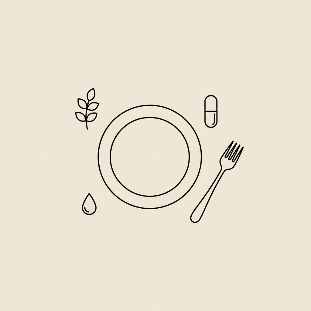 Minimalist line illustration of a plate with a fork, capsule, water droplet and herb sprig on a beige background, evoking lose weight without exercise