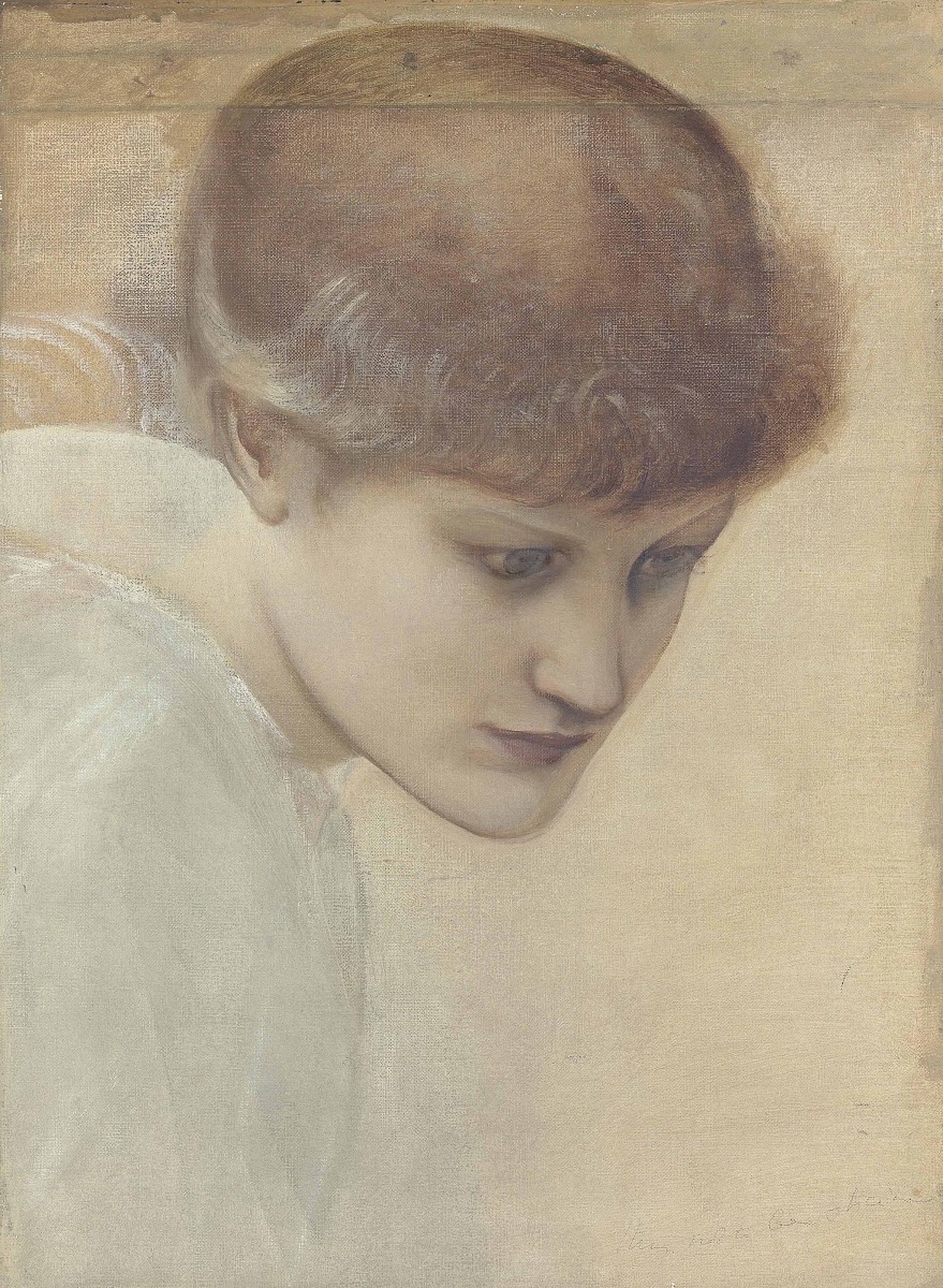 Head study of Dorothy Dene looking downwards for The Golden Stairs