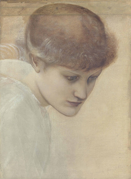 Head study of Dorothy Dene looking downwards for The Golden Stairs