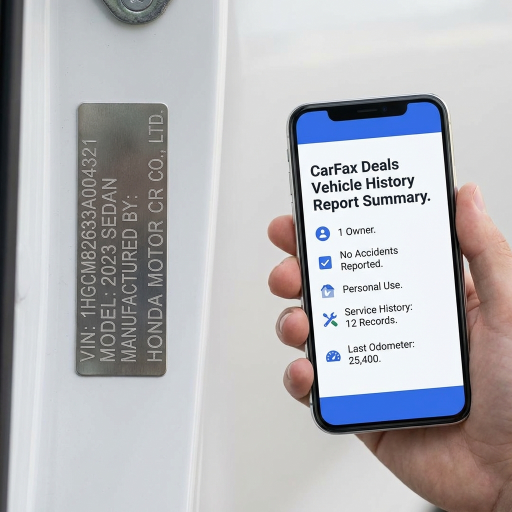 Close up of a vehicle VIN plate and a smartphone displaying a vehicle history report summary for a third row suv for sale on a clean white background with CarFax Deals blue accents