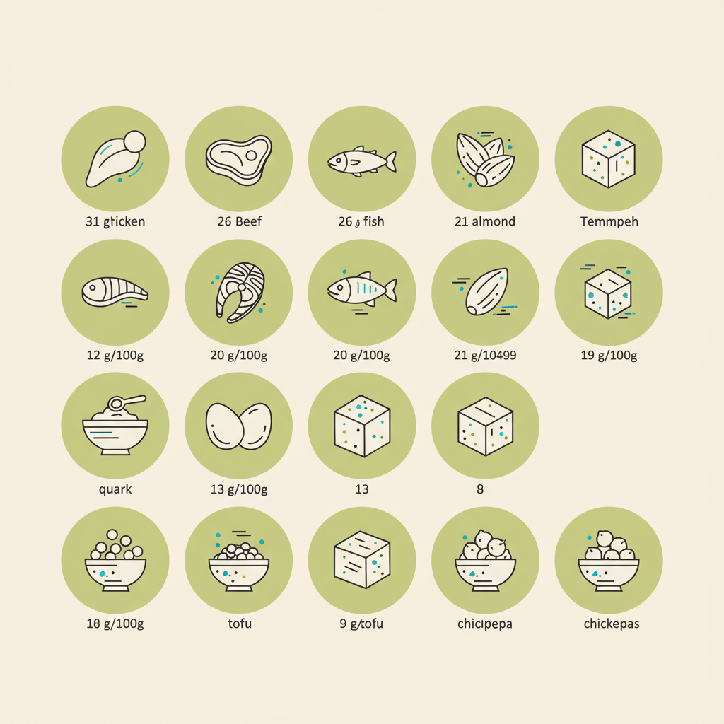 Minimalistische 2D-Infografik mit 10 Vektor-Icons gängiger proteinreicher Lebensmittel und kleinen Labels (g/100g) in Vegardians-Farben.