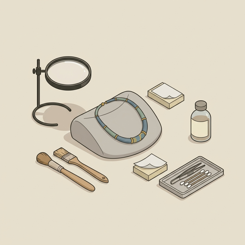 Minimalist vector top down view of a conservator workspace with magnifier brushes distilled water bottle and padded supports arranged for a roman glass necklace on beige background