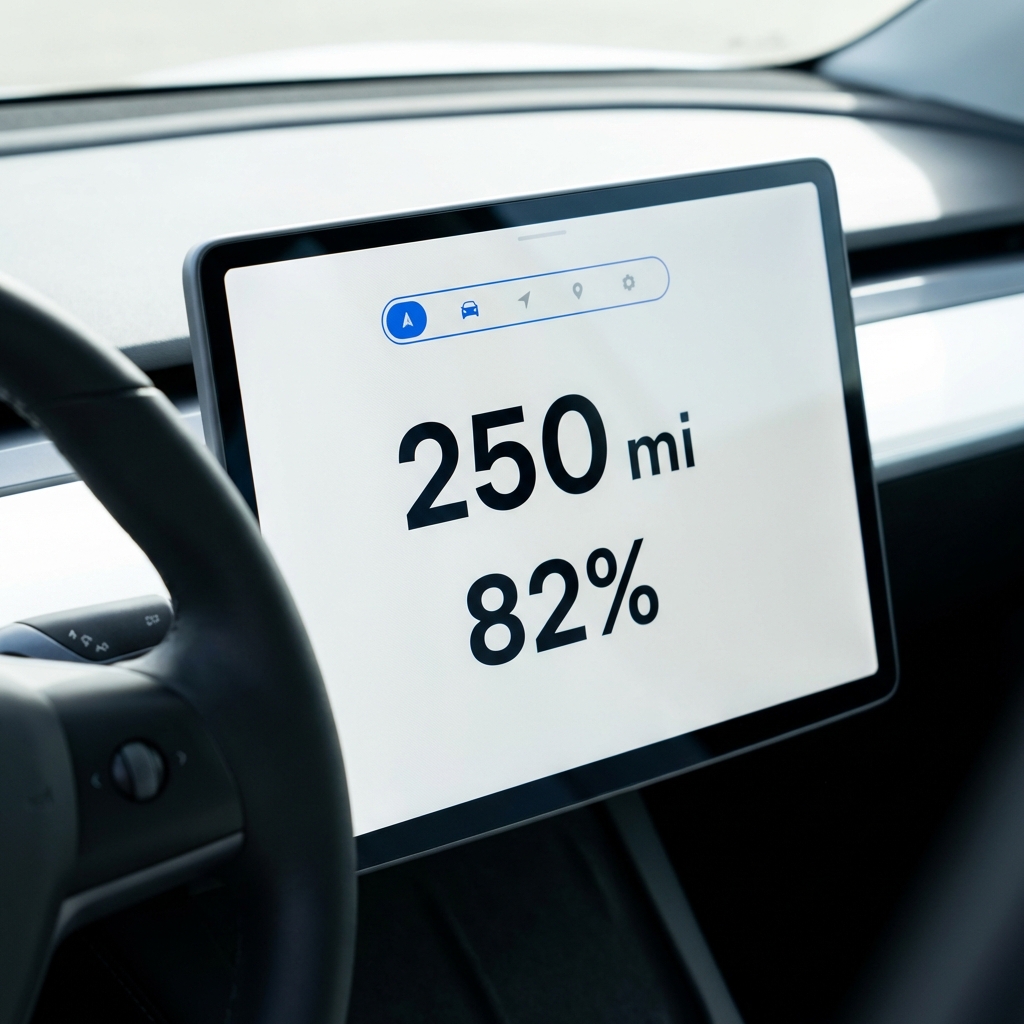 Close up of Tesla dashboard display showing 250 miles range estimate and 82 percent battery on a minimalist white background for used tesla for sale