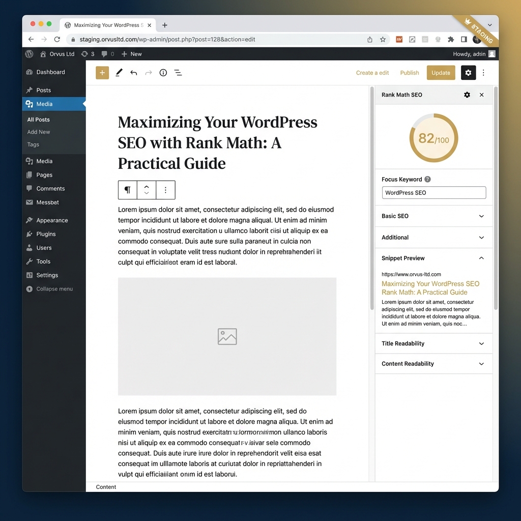 WordPress staging dashboard screenshot with Rank Math plugin active showing SEO score and settings in Orvus Ltd brand colors rankmath seo