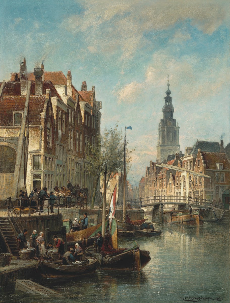 Figures and ships on an Amsterdam canal with the Zuiderkerk in the background 18