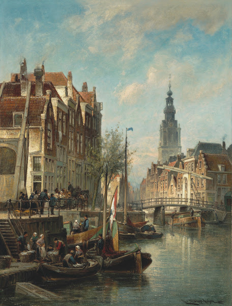 Figures and ships on an Amsterdam canal with the Zuiderkerk in the background 18