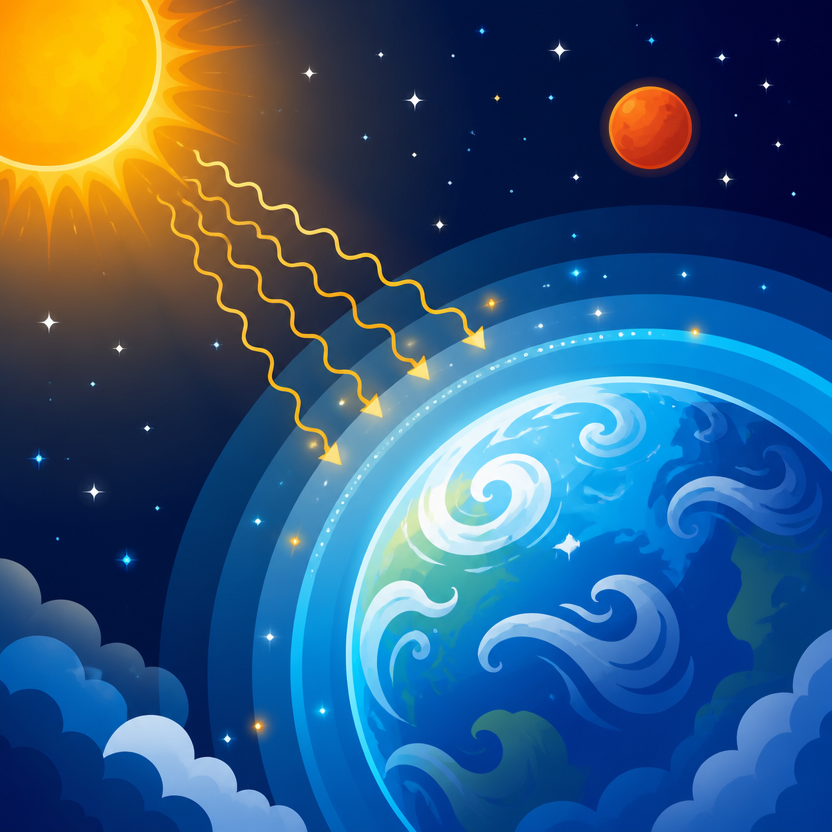 Ilustrasi konsep planet weather: Bumi, Mars, dan Matahari